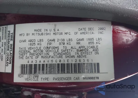 2003 Mitsubishi Galant Es/Ls from USA, damaged, VIN 4A3AA46G03E126361